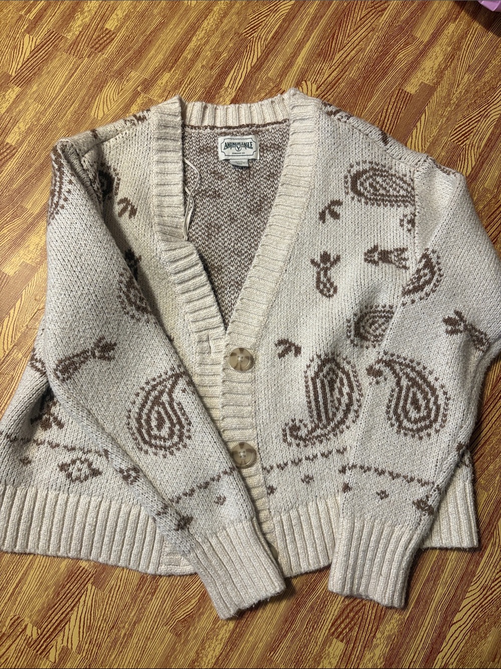 Neutral Paisley V-Neck Cardigan in Beige and Brown